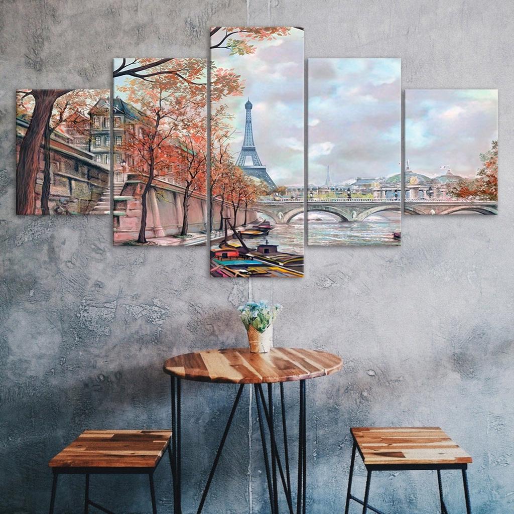 Romantic Paris Eiffel Tower Painting 5 Piece Five Panel Wall Canvas Print Modern Art Poster Picture Home Decor Gift For Him For Her