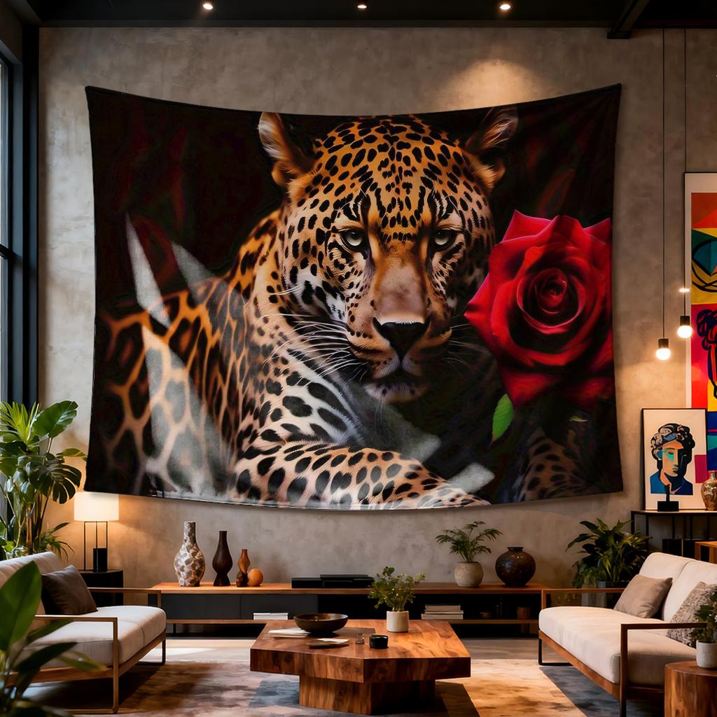 Leopard with Rose Digital Printing Polyester Wall Tapestry Suitable for Use In Living Rooms Bedrooms Offices Bars Party
