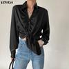 VONDA Elegant Women Pleating Lapel V Neck Long Sleeve Buttons Up Casual Office Shirts Blouse