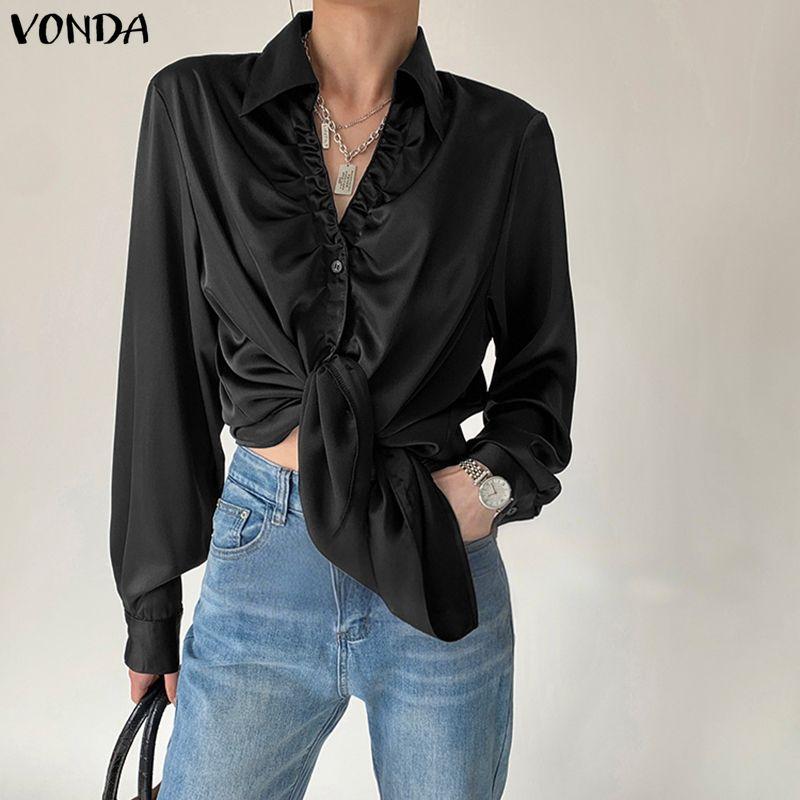 VONDA Elegant Women Pleating Lapel V Neck Long Sleeve Buttons Up Casual Office Shirts Blouse