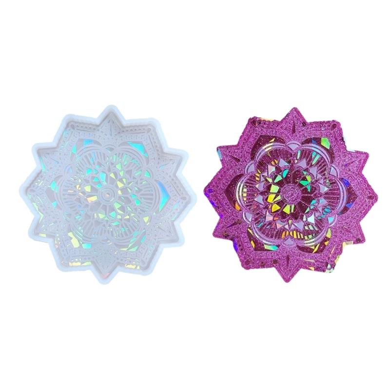 Mandalas Coaster Plaster Silicone Mold DIY Crystal Epoxy Resin Mold Holographic Flower Shape Cup Mat Casting Mold Craft
