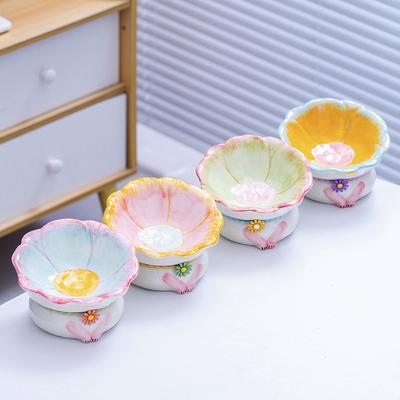 Slant Mouth Feeding Protection Cervical Bowl Flower Cat Bowl Ceramic Cat Food Bowl Cat Feeding Water Pet Cat Supplies