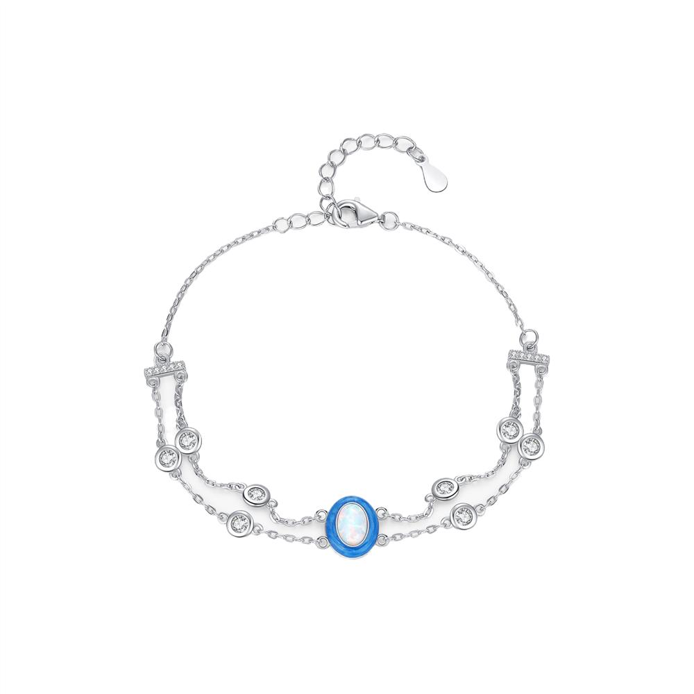 925 Sterling Silver Gradient Color Enamel Oval Opal Multi-layer Link Chain Charm Bracelet for Women Fine Jewelry