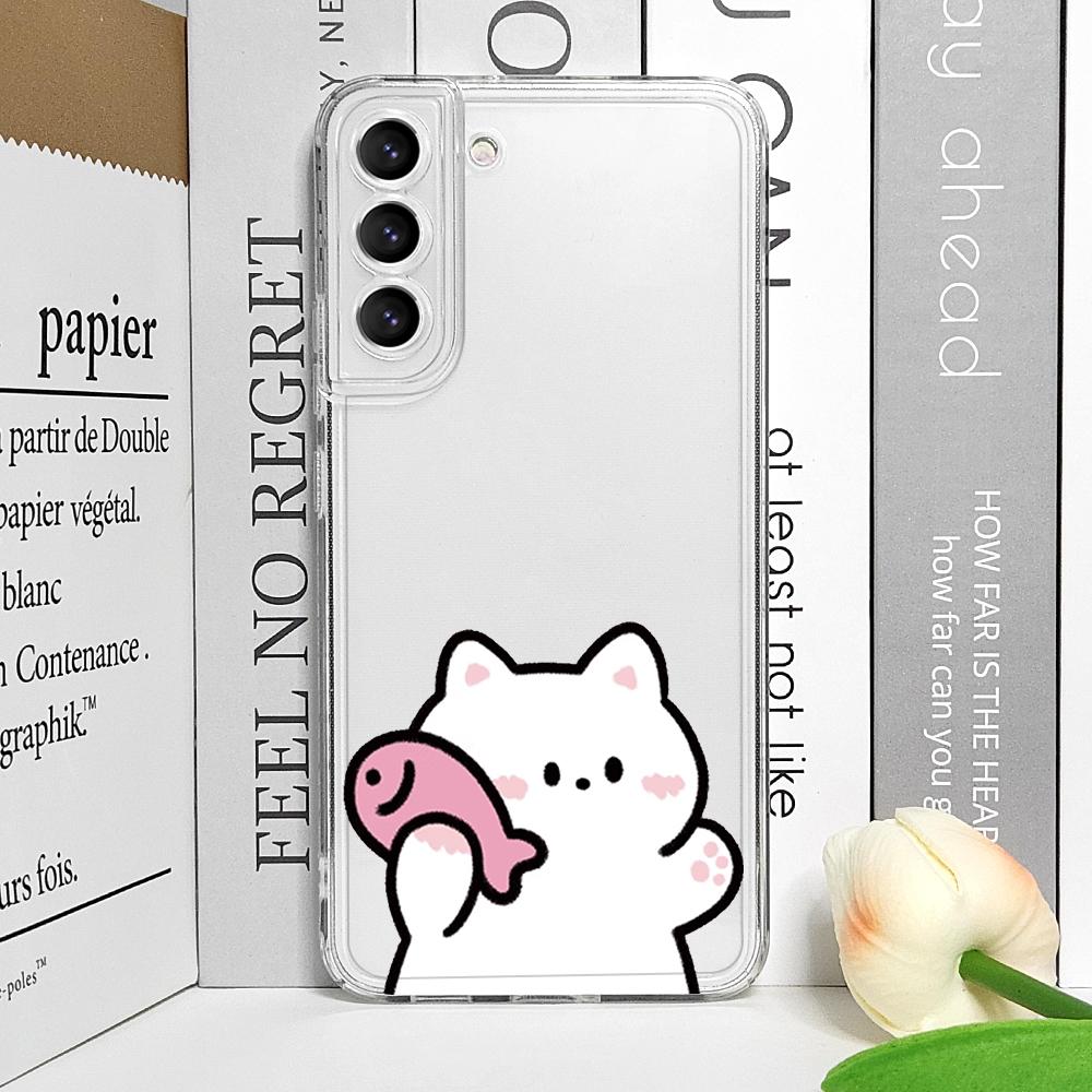 Funny Cartoon Cat Fish Couple Paired Phone Case for Samsung Galaxy S25 Ultra S24 S23 S22 S21 S20 Plus FE A55 5G Clear Soft Cover