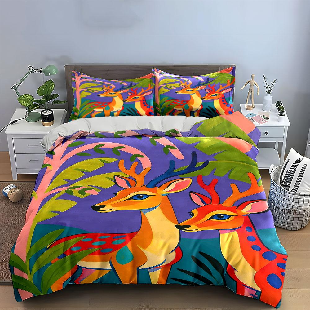 Colorful Deer and Foliage. Bedding Sets Duvet Cover Sets Duvet Covers Pillowcases(1 * Duvet Cover 2 * Pillowcases, Without Duvet Insert)
