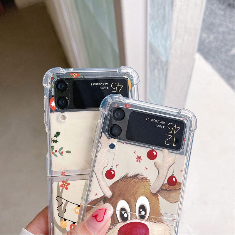Christmas New Year Gifts Elk Snow Coque for Samsung Galaxy Z Flip 4 Z Flip 3 5G ZFlip4 ZFlip3 Flip4 Flip3 Clear TPU Case