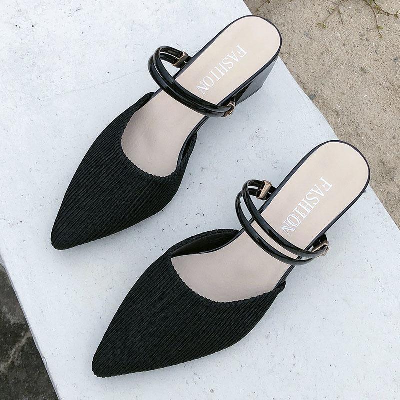 Baotou Thick Heel Sandals Women's New Outer Wear Slippers In Summer 2025 Pointed Breathable Cloth High Heel with Skirt Sandals