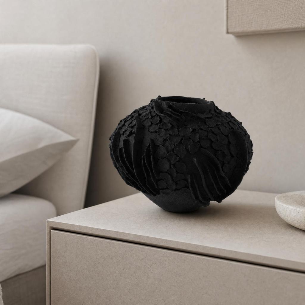 Textured Black Pottery Vase Modern for Model Room Styling