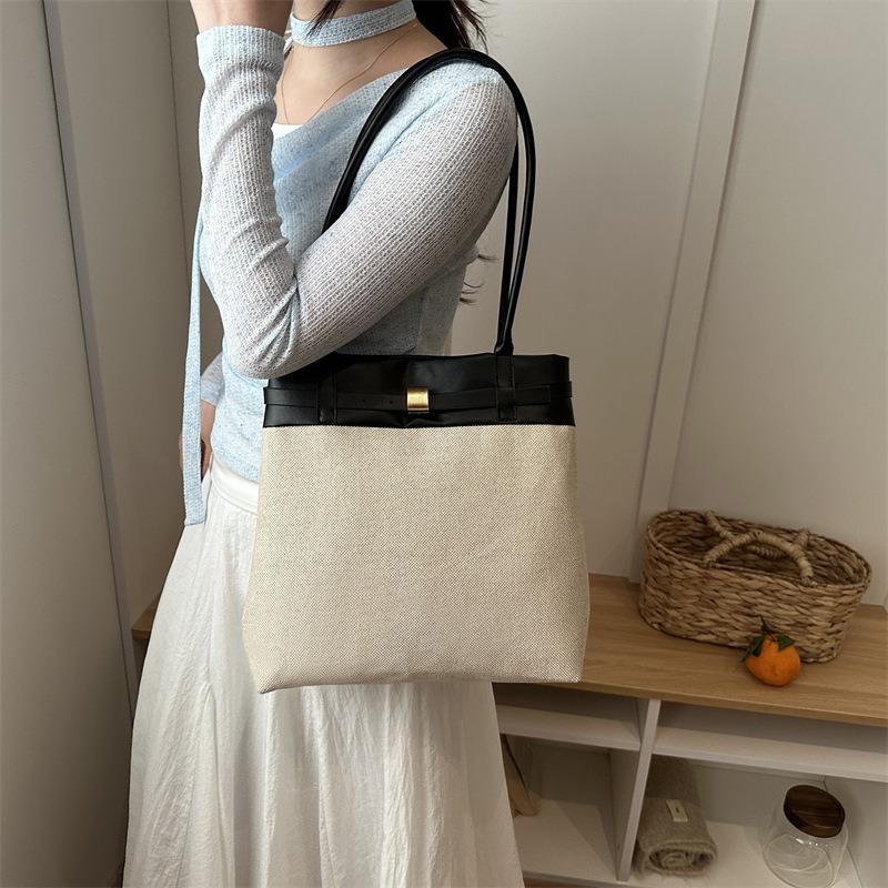Large-capacity Canvas Contrasting Color Tote Bag, New Fashionable and Simple Portable Shoulder Bag, Commuter Bag, Women's Bag