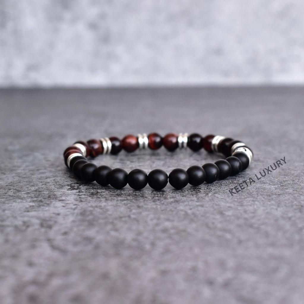 Genuine Red tiger's eye and matte onyx beaded bracelet Stretchable beaded bracelet for men Two gemstones jewelry for him gift for him