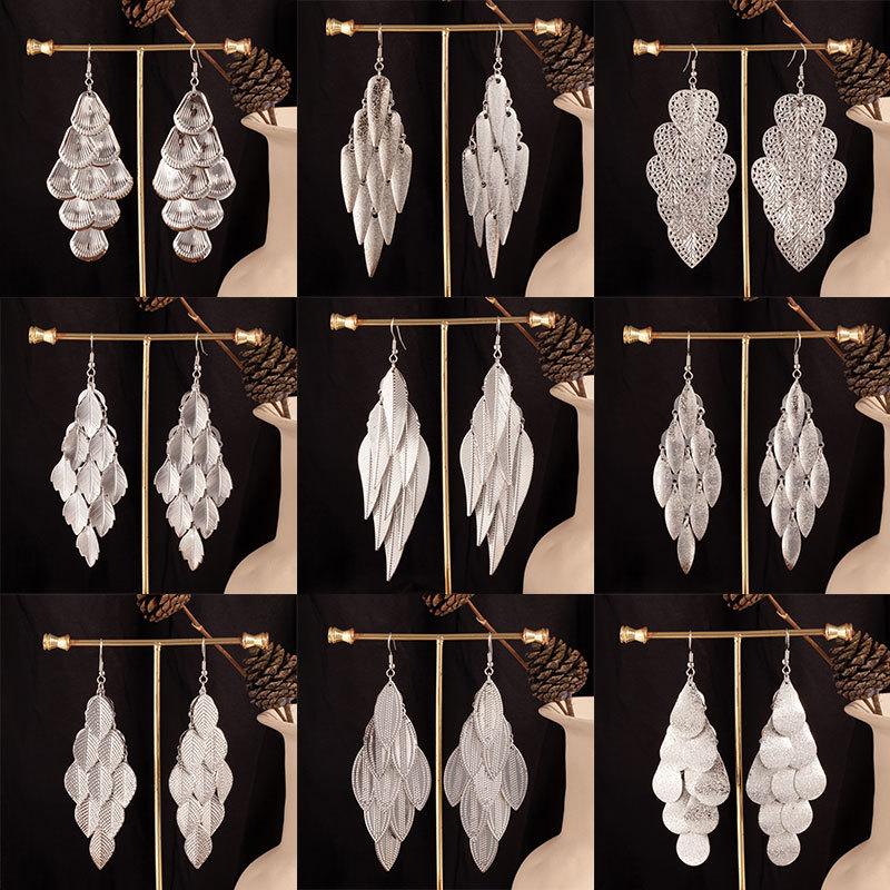 Personalized Indian Baroque Retro Wind Willow Leaf Long Women'S Earrings Hollow Love Multi-Layer Fringed Earrings