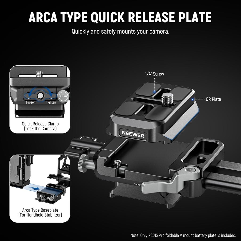 NEEWER PS015 PRO Foldable V-Mount Plate Arca Type Quick Release Camera Base with 1/4 3/8 Screws for DSLR Mirrorless Gimbal