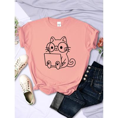 Studio Attento Di Bozzetti di Lavoro Gatti Maglietta da Donna Personalità Tendenza Maglietta Casual Abbigliamento Strada Top Creativi Manica Corta Donna