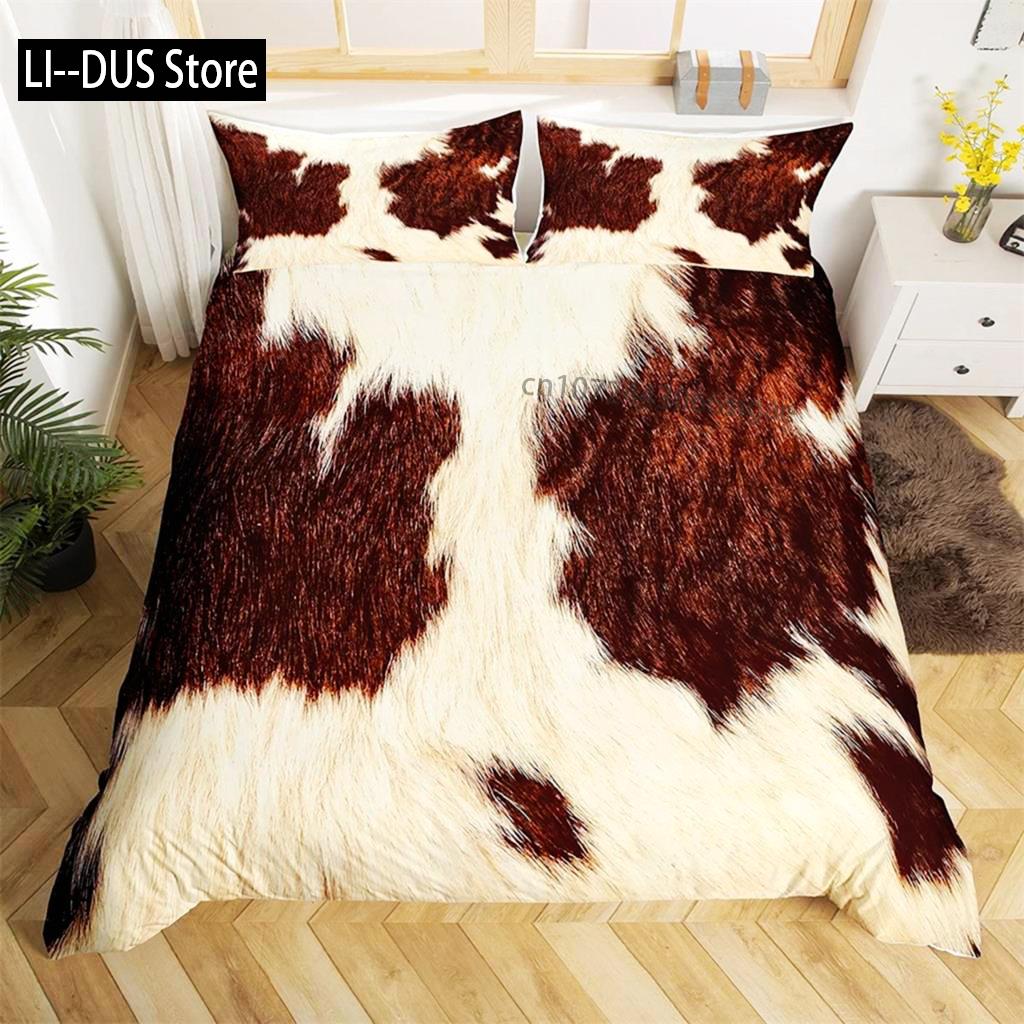 Brown Cowhide Duvet Cover Patchwork Cow Fur Farm Animal Bedding Set Western Farmhouse Retro Style Quilt Cover For Bedroom Decor