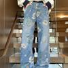 American street print jeans men's autumn trendy brand vibe style loose and versatile design sense mopping wide leg pants