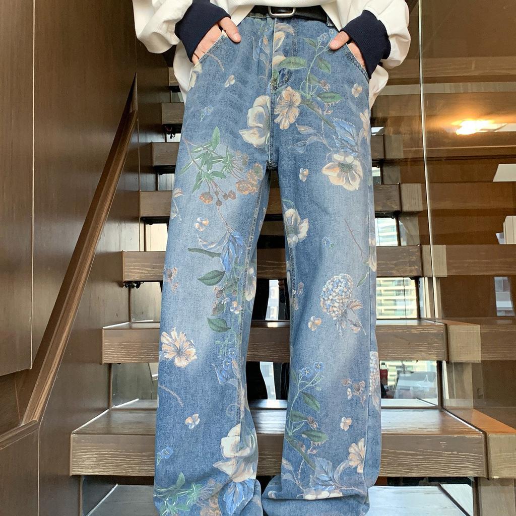 American street print jeans men's autumn trendy brand vibe style loose and versatile design sense mopping wide leg pants