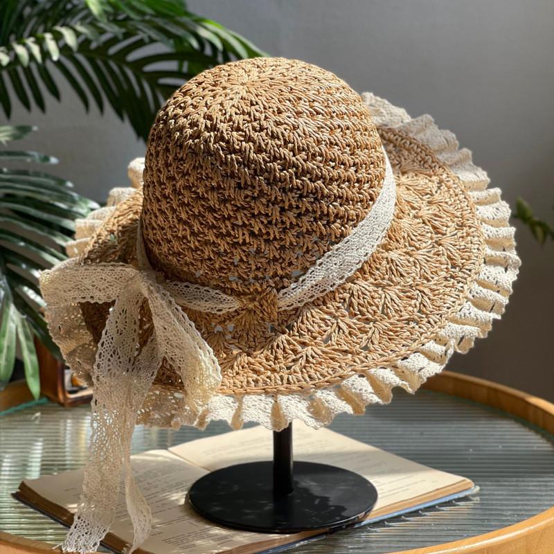 

Summer Straw Hat With Lace Edging Foldable Sunshade Wide Brim For Beach Travel