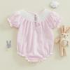 Baby Girl Easter Romper Short Sleeve Stripes Print Bunny Embroidery Loose Bodysuit Newborn Outfit