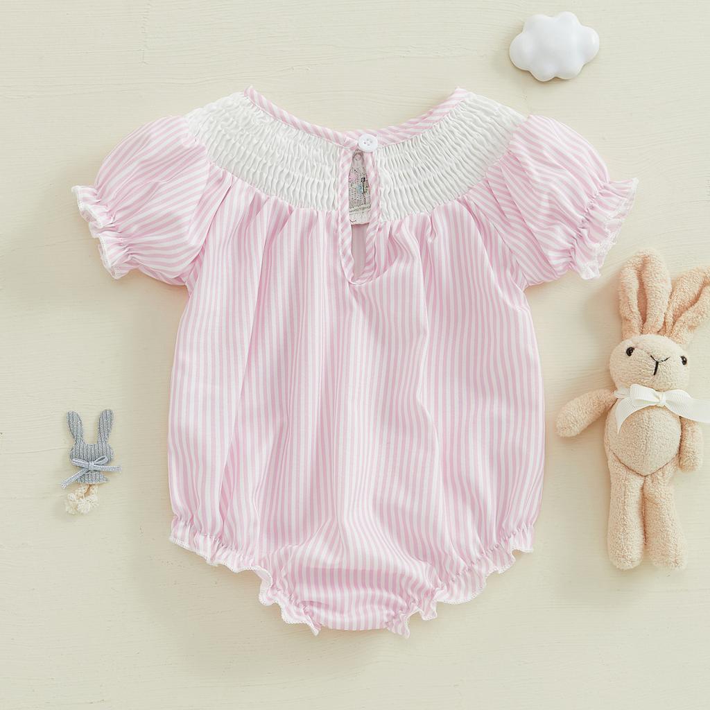Baby Girl Easter Romper Short Sleeve Stripes Print Bunny Embroidery Loose Bodysuit Newborn Outfit
