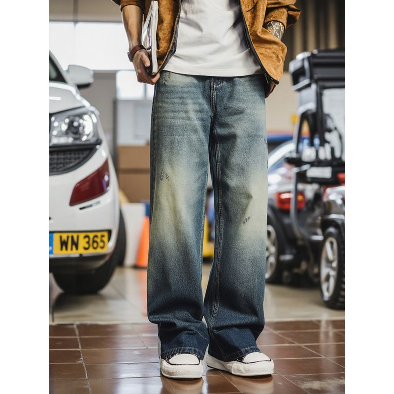 American Retro Washed Distressed Ripped Jeans for Men, Spring and Autumn Wide-Leg Loose Pants, Foreign Trade Men's Casual Long Pants