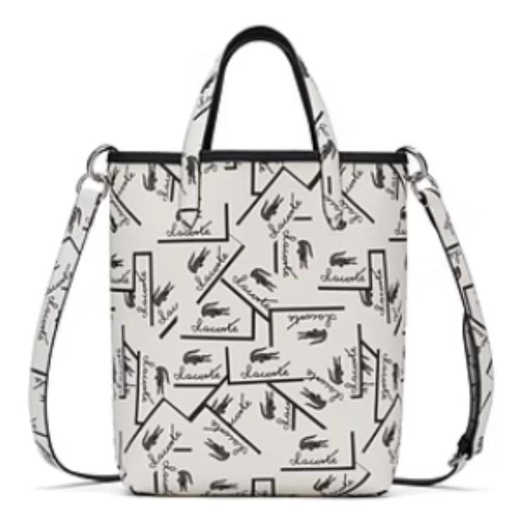 LACOSTE PVC Tote Bag, Shopping Bag, Handbag Medium Women's Black & Ecru NF4791AS-N91