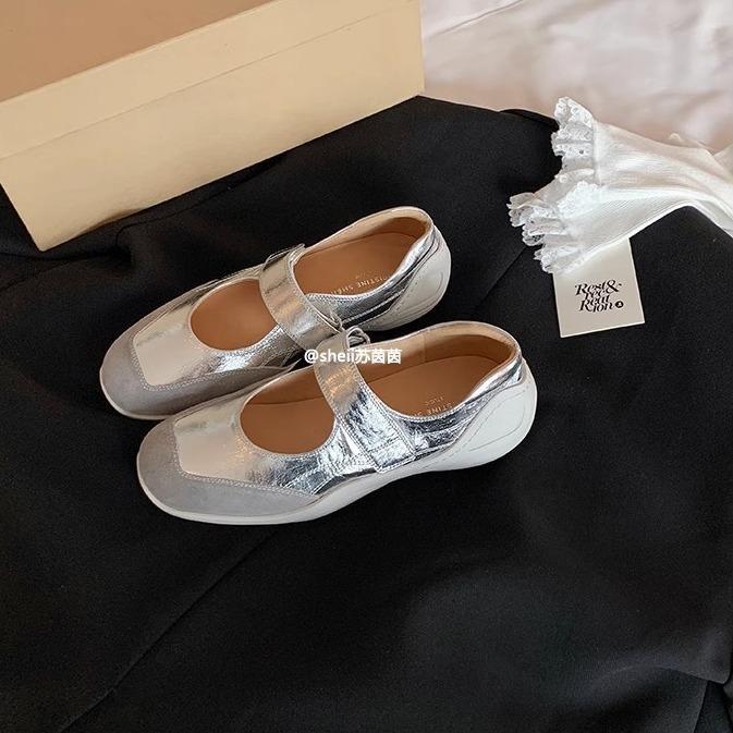 Cowhide Version~ Thick-soled Inner Height Increase Mary Jane Shoes Women's 2025 New One-word Buckle Velcro Single Shoes Ballet Shoes