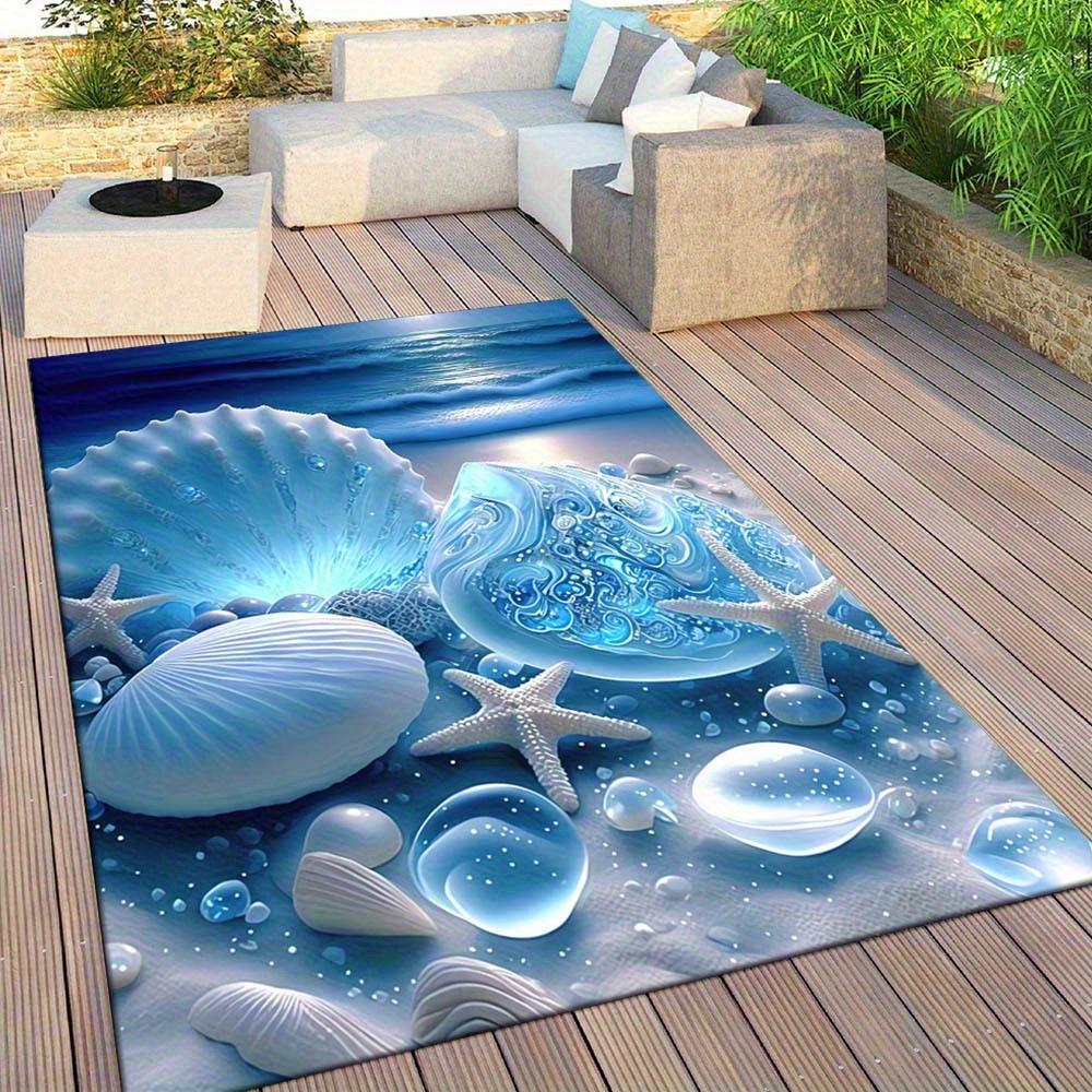 Polyester Beach-Themed Area Mat - Non-Slip Crystal Velvet Mat with Sea Shell and Starfish Design for Living Room, Bedroom, Entry
