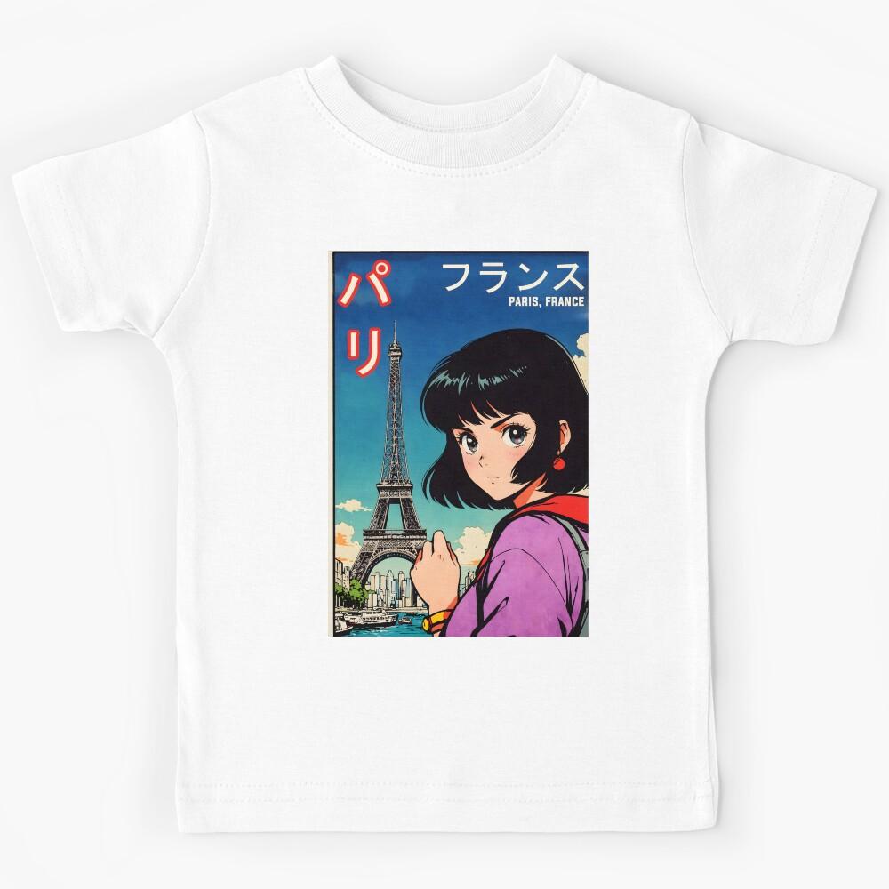 Paris France 80s Vintage Travel Cute Retro Anime Girl Kids T-Shirt 160