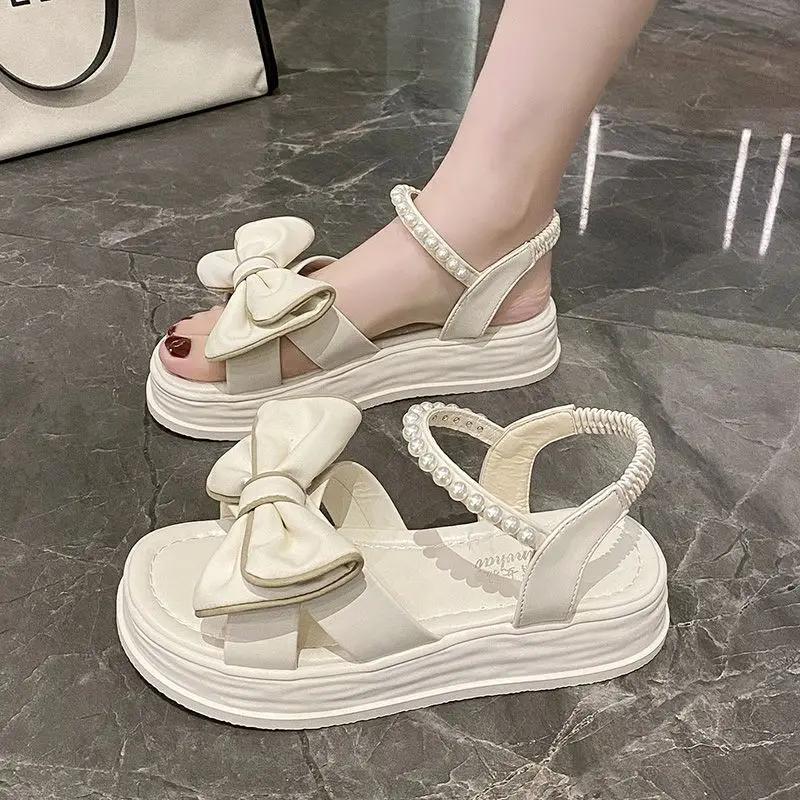 Wedge with Platform Waterproof Apricot Outdoor Pearl Ladies Shoes Open Toe Sandals for Women Bow Summer 2025 Footwear Flat Sale