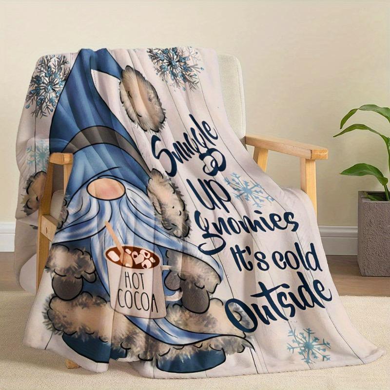 1pc Cozy Winter Gnome Fleece Blanket with Snowflakes & Hot Cocoa Design - Soft Warm Polyester Throw