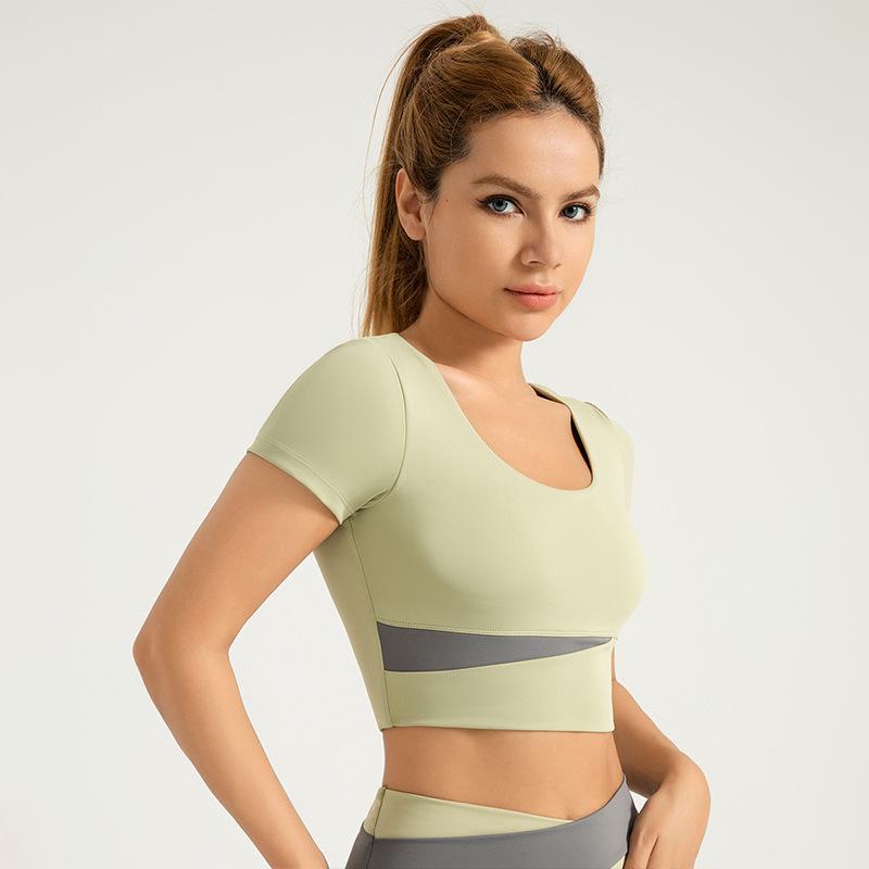 Juyitang Women's Yoga Set: Nude Navel-Baring Short Sleeve with Chest Pads, Color-Matched Fitness Wear.