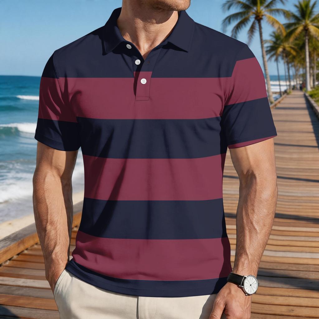 Mens Loose Fit Casual Striped Print Short Sleeve Polo Shirt with Turn Down Collar Soft Breathable Fabric for Everyday Wear