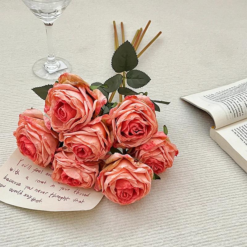 7 Heads Grilled Edge Rose Artificial Flower Retro Rose Bouquet Wedding Home Decoration Pography Props El Decoration