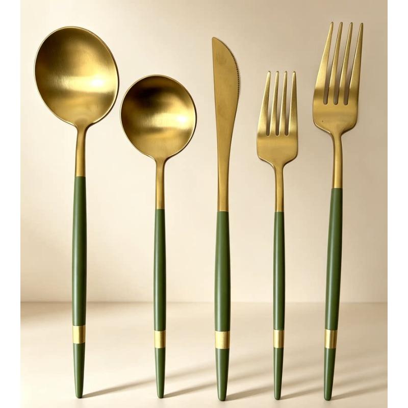 Luxury Green Gold Handle Stainless Steel Tableware Portugal Home Steak Knife, Fork, Spoon Hotel Western Cuisine Set