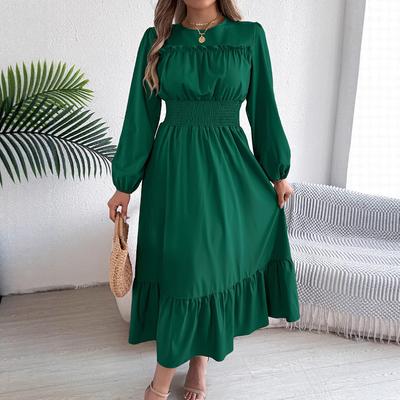 Elegant Solid-color, Black Ear-trimmed, Waist-cinched Pleated Long Dress for Women In Autumn and Winter