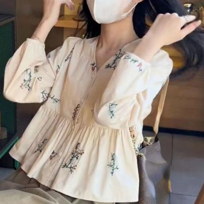 Shirts Women Embroidery Folds Designed Cozy Sweet Vintage French Style Temperament Flowers Tops All-match Simple Ladies Spring