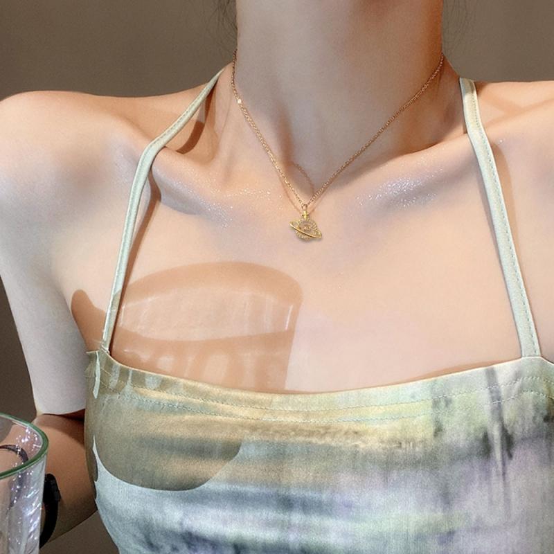 1 Pcs Premium Sense Women's Accessories Pieces Copper Microset Zirconia Planet Pendant Necklace Simple Fashion Jewelry