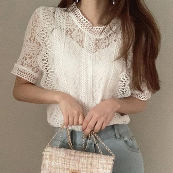 O-neck Short Sleeve Loose Summer Blouse Casual Lace Hollow Out Elegant Shirt Workwear