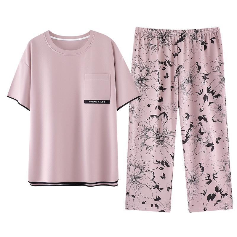 Pajamas women's summer pure cotton short-sleeved printed cropped pants thin cotton women's loungewear summer loose large size set