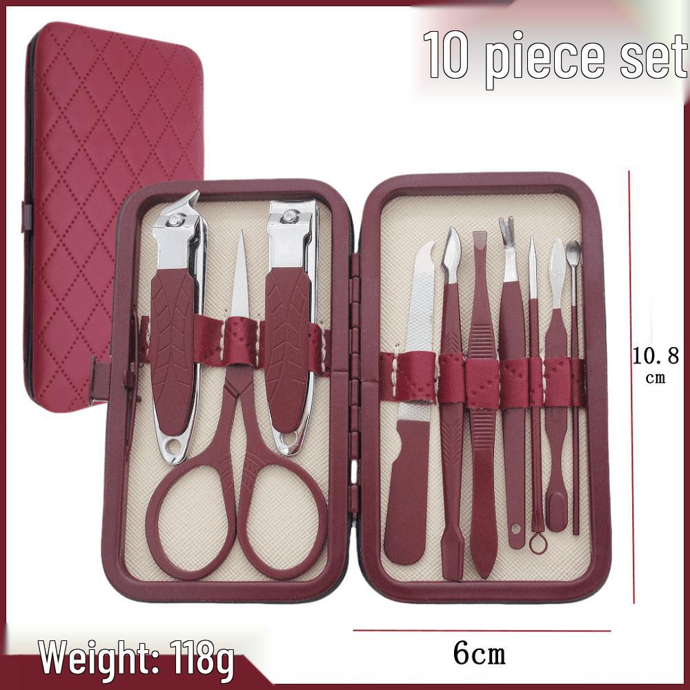 28-teiliges Edelstahl-Nagelpflege-Set: Enthält Nagelscheren, Nagelhautzangen, Pediküre-Werkzeuge, einen Augenbrauentrimmer und eine Pinzette in einem braunen Etui.