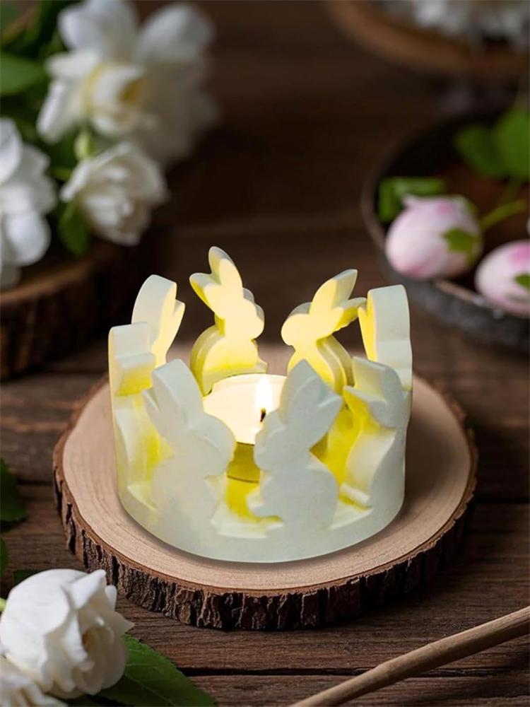 Ostern Hohl Kaninchen Silikonformen DIY Teelichthalter Gips Gips Zement Betonform Haus Ornament Form