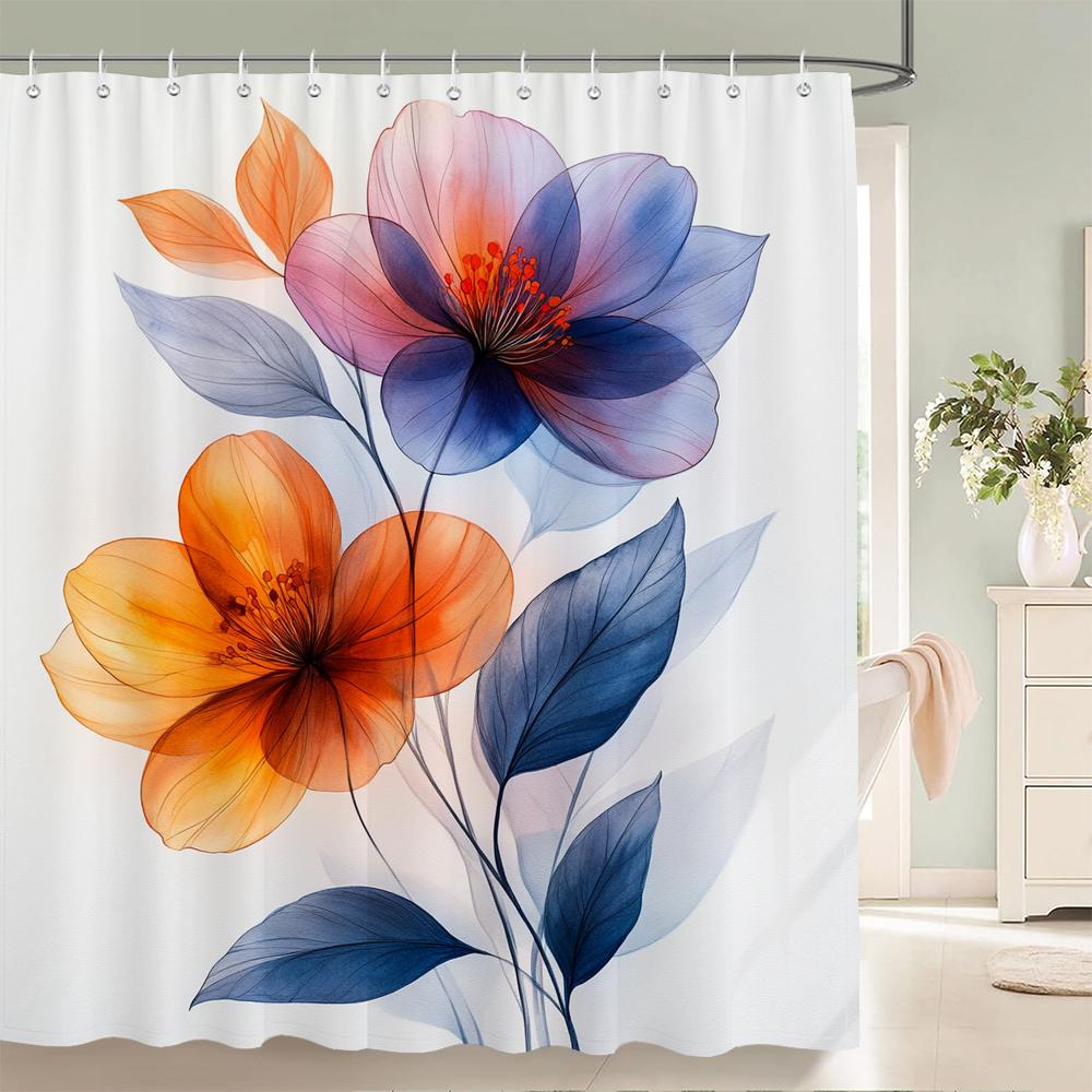 Watercolor Flowers Shower Curtain, Floral Plant Bathroom Decorative Shower Curtain, Waterproof Shower Curtain with Hooks