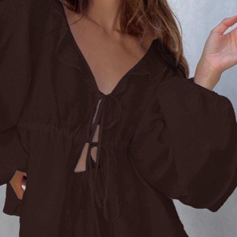 French Style Casual Autumn New Fashion Cotton Linen Set V-Neck Puff Sleeve Top Shorts Two-Piece Set