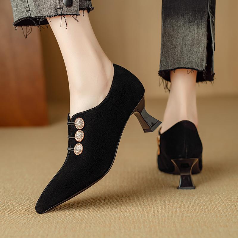 Fashion 2025 New Spring Sheep Suede Women Shoes Retro Pointed Toe Women Pumps Zipper High Heels Modern Ladies Shoes