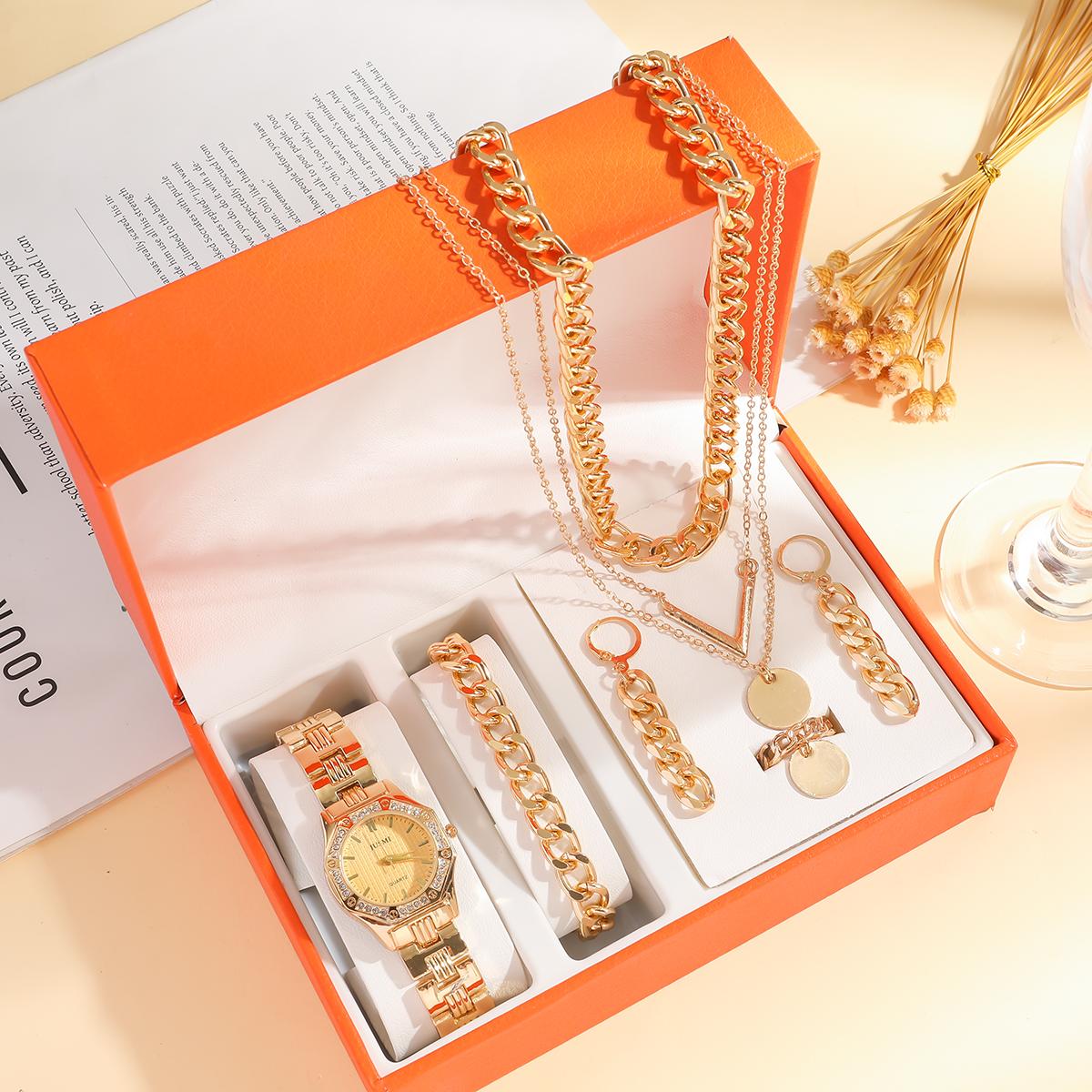 

Модные кварцевые часы с бриллиантовым циферблатом и штриховой шкалой для женщин, набор из пяти ювелирных изделий без подарочной коробки. золотой
