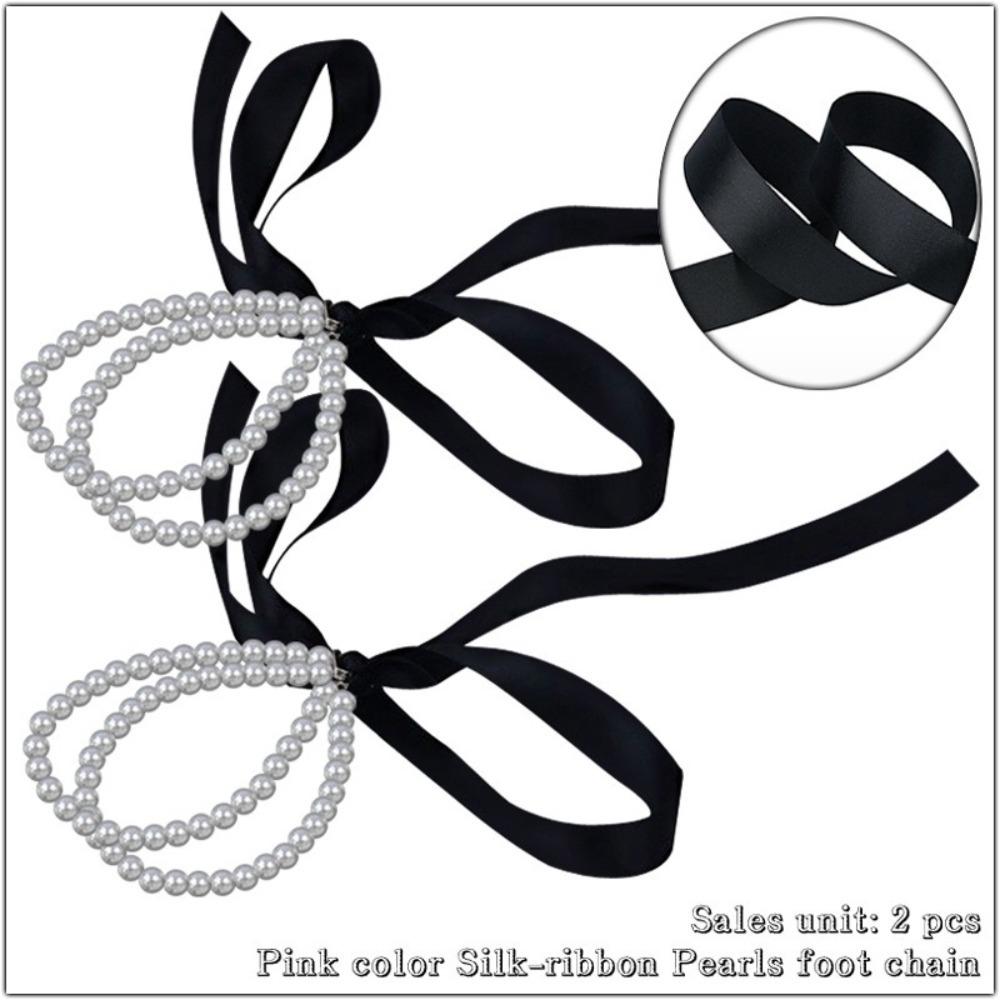 1pair Lovely Colorful Ribbon Bow Anklet High Heels Sandal Decoration Gift Double Layered Anklet Pearls Foot Chain