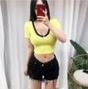 New Slim-fit Short T-shirt Women's Summer Top Open-button Short-sleeved High-waisted Chicken Heart V-neck Slim-fit Low-necked Student
