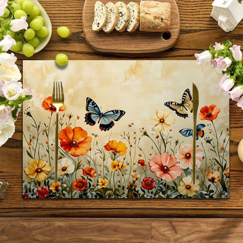 4Pcs, Grass Flower and Butterfly Placemats, the Best Placemats, Washable, Suitable for Holiday Parties, Home Decor