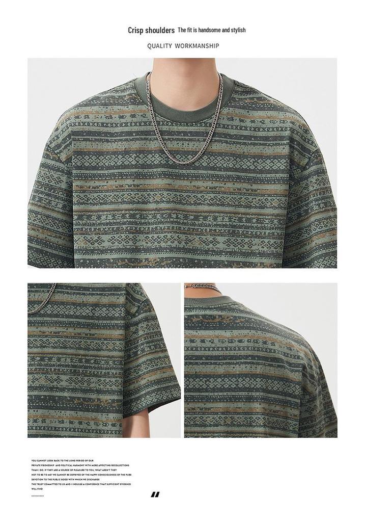 Men's Vintage Ethnic Striped Short Sleeve Loose T-Shirt
