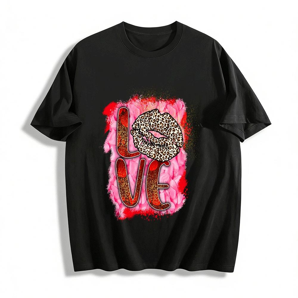 Leopard Print Lips LOVE Graphic Casual Short Sleeve Top Pure cotton T-shirt XXS